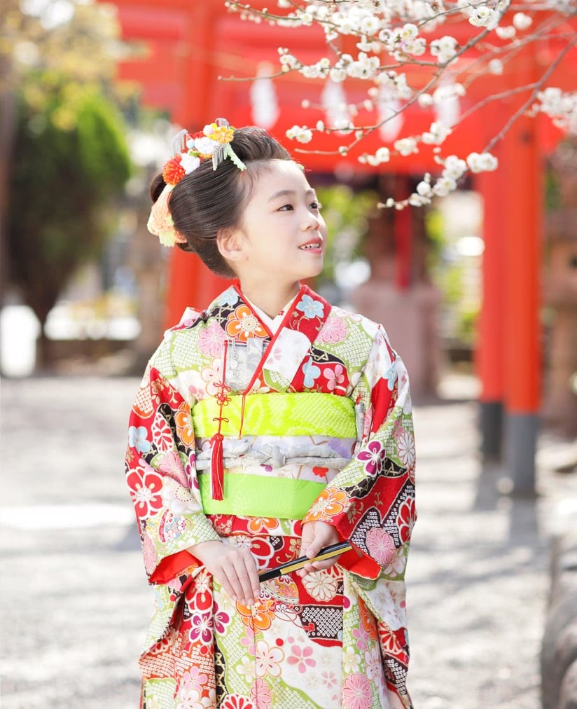 七五三 神社ロケーション 梅と着物 八王子